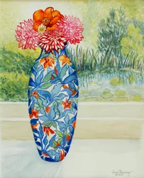 Vase with Dahlias and View of the Pond, 2001